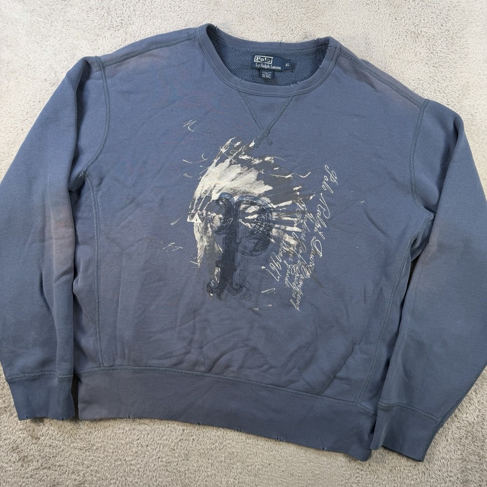 Polo Ralph Lauren Sweatshirt Mens XL Blue Indian Head Distressed Abstract